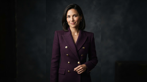 Manteau officier en laine aubergine à boutons laiton, coupe structurée réalisée sur-mesure.